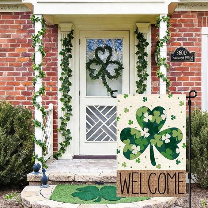 St Patricks Day Garden Flag 12x18 Inch Double Sided Outside Welcome Shamrocks Outdoor Yard Flag Green Lucky Clovers Holiday Decoration