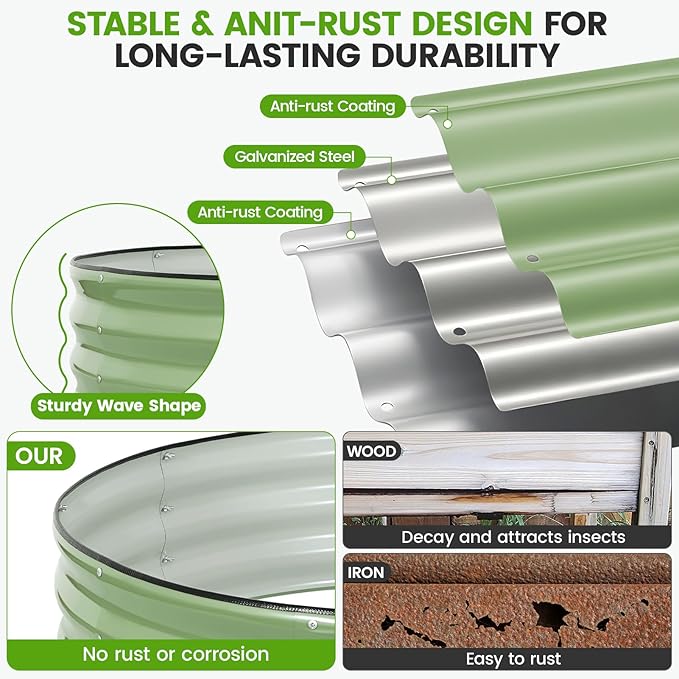 Galvanized Raised Garden Bed Outdoor 2Pcs | 4x4x1ft Metal Raised Beds for Gardening with Safety Rubber Strip | Round Planter Box for Plants Like Vegetables Fruits Flowers, Olive Green