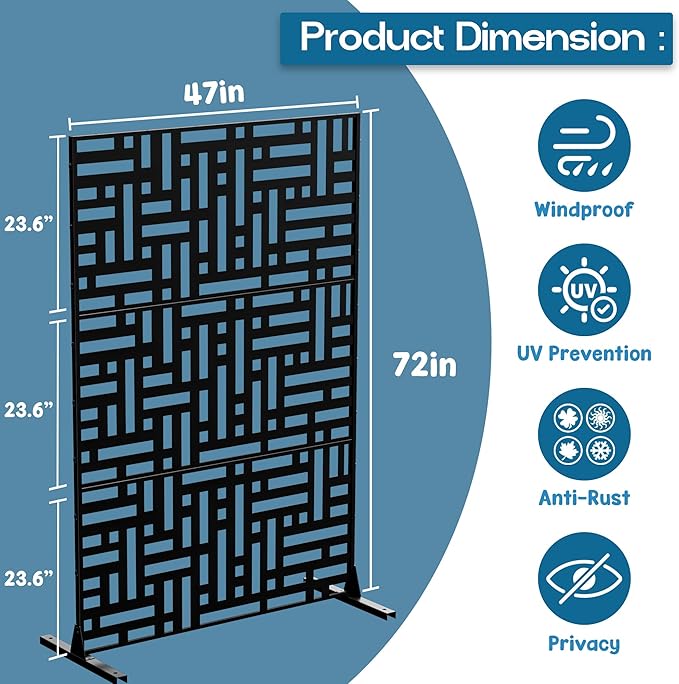 Metal Privacy Screen 72" H x 47.2" Decorative Outdoor Privacy Screen Privacy Panel with Stand for Balcony Deck Patio Lawn Garden, Privacy Fence (Black-Street)