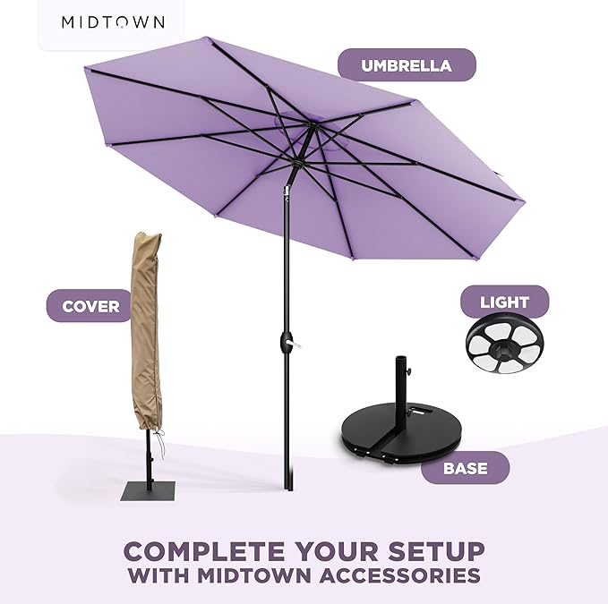 Midtown Umbrellas - 10-Year-No-Fade 6 Ft Patio Umbrella with Terylast Fabric, Auto-Tilt Aluminum Frame and 8 Reinforced Ribs for Deck, Pool, Garden & Beach - Purple Canopy, Black Pole