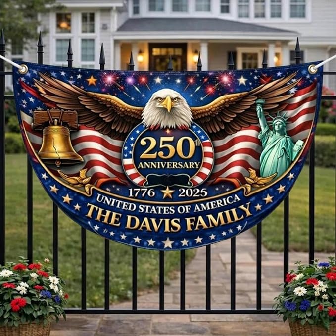 Personalized 250th Anniversary Bunting Flag, Custom Family Name Patriotic Semiquincentennial Porch Decor, 250 Years of Independence Day Gift, Patriotic Family Fence, Garden Decor