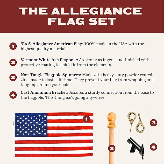 Allegiance Flags Made in USA American Flag Set For Outside 3x5 Ft | Premium US Flag with American-Sourced 200D Nylon, Embroidered Stars, Hand-Sewn Stripes | Heavy Duty All-Weather & Fade Resistant