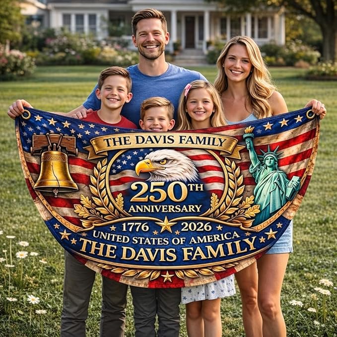 Custom America 250th Anniversary Bunting Flag, Personalized Name Semiquincentennial Flag, America 1776 2026 Banner, USA 250 Years Outdoor Decor, Patriotic Family Family Porch, Fence
