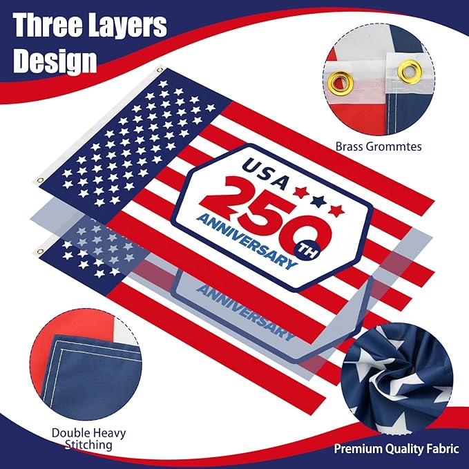 250th Anniversary USA Flag 3x5 Ft, Heavy Duty Double Sided 3-Ply, Patriotic American Flags for July 4th Independence Day Outdoor Home Porch Decor