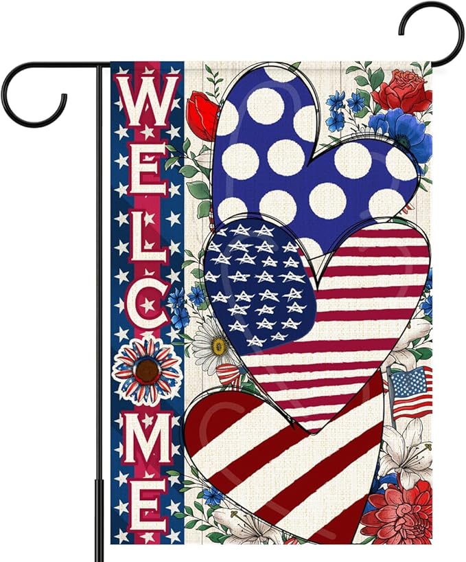 Independence Day Garden Flag for Outside,4th of July Patriotic Welcome Yard Flags,American Stars and Stripes Love Heart Memorial Day Lawn Porch Outdoor Decor 12x18 Double Sided