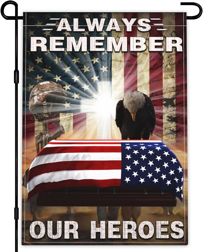 Always Remember Our Heroes Garden Flag 12x18 Inch Memorial Day Garden Flag 3ply Polyester Double Sided Print 4th of July Independence Day Veterans Day Garden Flags for House Indoor Yard Outdoor Holiday Patriotic Decor