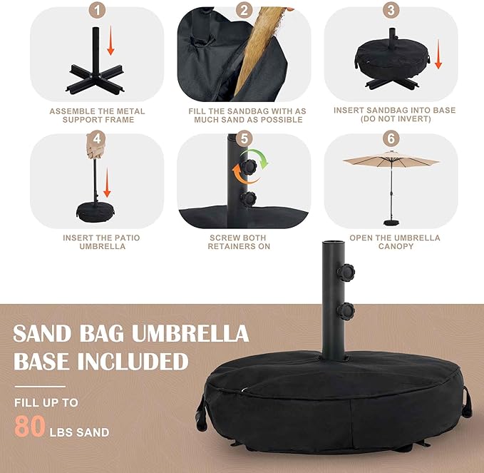 Sundale Outdoor Solar 88 LED 10 ft Patio Umbrella with Sand Bag Umbrella Base, Outdoor Umbrella with Tilt and Crank, Tan