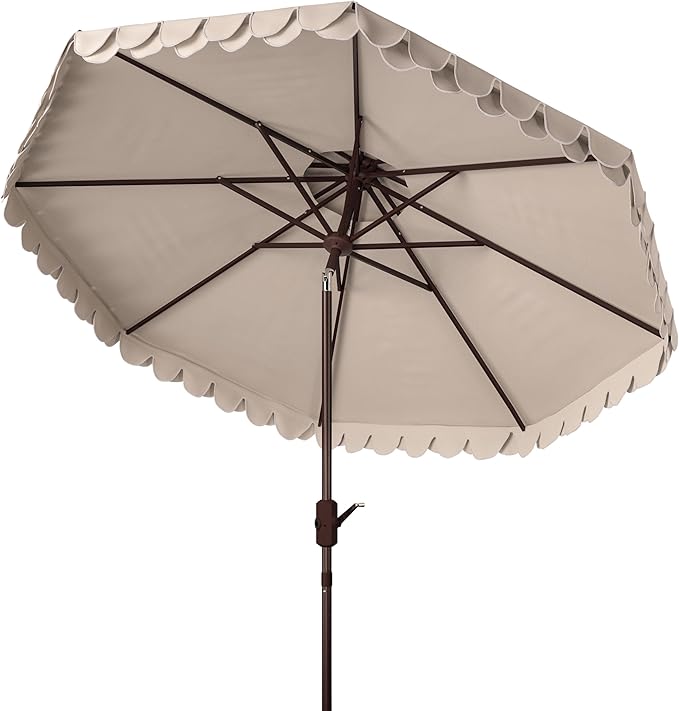 SAFAVIEH 9ft Outdoor Patio Umbrella, Double Top, Valance, Beige & White Trim, Double Top, Auto Crank Tilt, UV Resistant for Deck, Backyard, Poolside (PAT8206C)