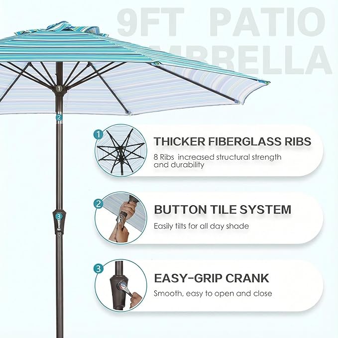 PatioKingdom 9FT Patio Outdoor Umbrella-UPF 50+ Sun Shade with Wind Vent, Push-Button Tilt & Smooth Crank Lift, Rust-Resistant Fiberglass Frame for Garden, Backyard,Yard