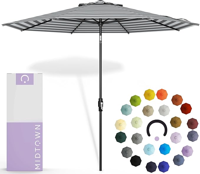 The Swilt 9 Feet Outdoor Umbrella With Terylast Matter Stripes (Grey/White) Polyester Fabric - Fiberglass Ribs, Auto-Tilt And Swivel Aluminum Frame Patio Umbrella For Deck, Garden, Pool - Black Pole