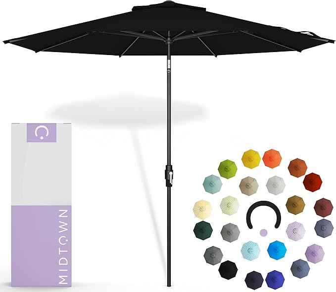 The Swilt 9 Feet Outdoor Umbrella With Terylast Ebony (Black) Polyester Fabric - Fiberglass Ribs, Auto-Tilt And Swivel Aluminum Frame Patio Umbrella For Deck, Garden, Pool - Black Pole