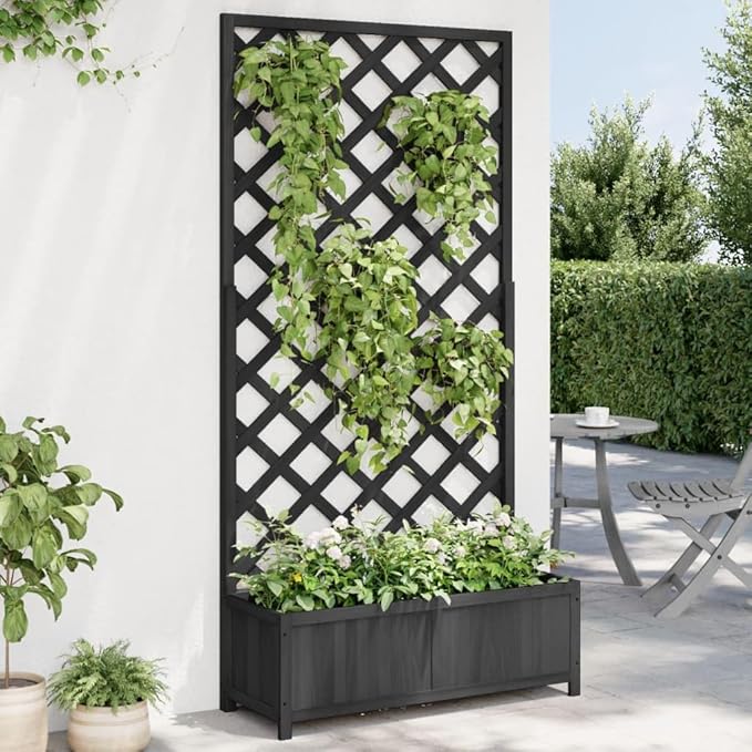 Planter with Trellis, Patio planters Standing Planter Gardening Box Raised Flower Bed Suitable for Nursery Orchard Courtyard Corridor Black Solid Wood Fir