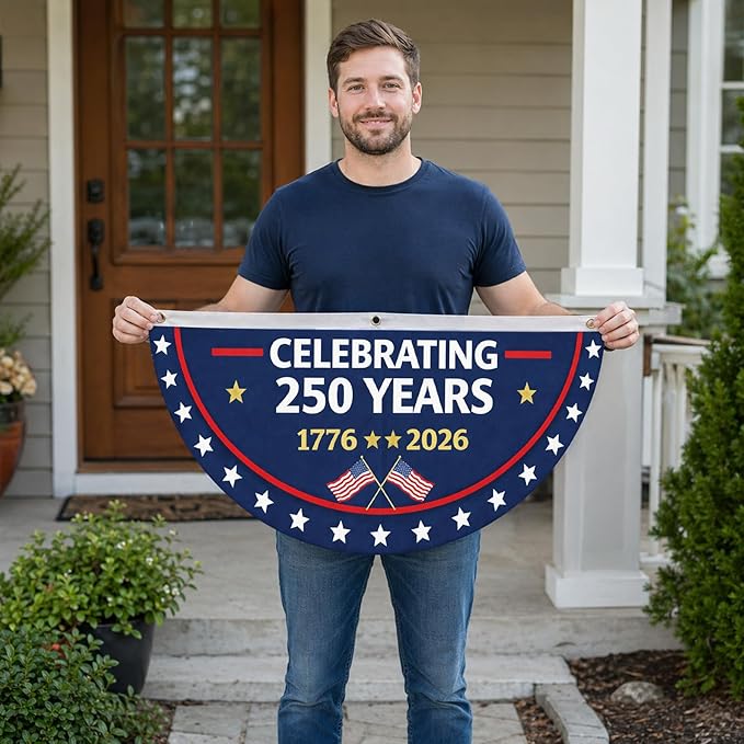 Patriotic 250th Anniversary Fan Flag 2 Pack – 35x18 Inch USA Outdoor Bunting Banner, Double-Sided Half Circle Polyester Flags 1776-2026 with Grommets for Porch, Fence, Window, 4th of July & Memorial Day