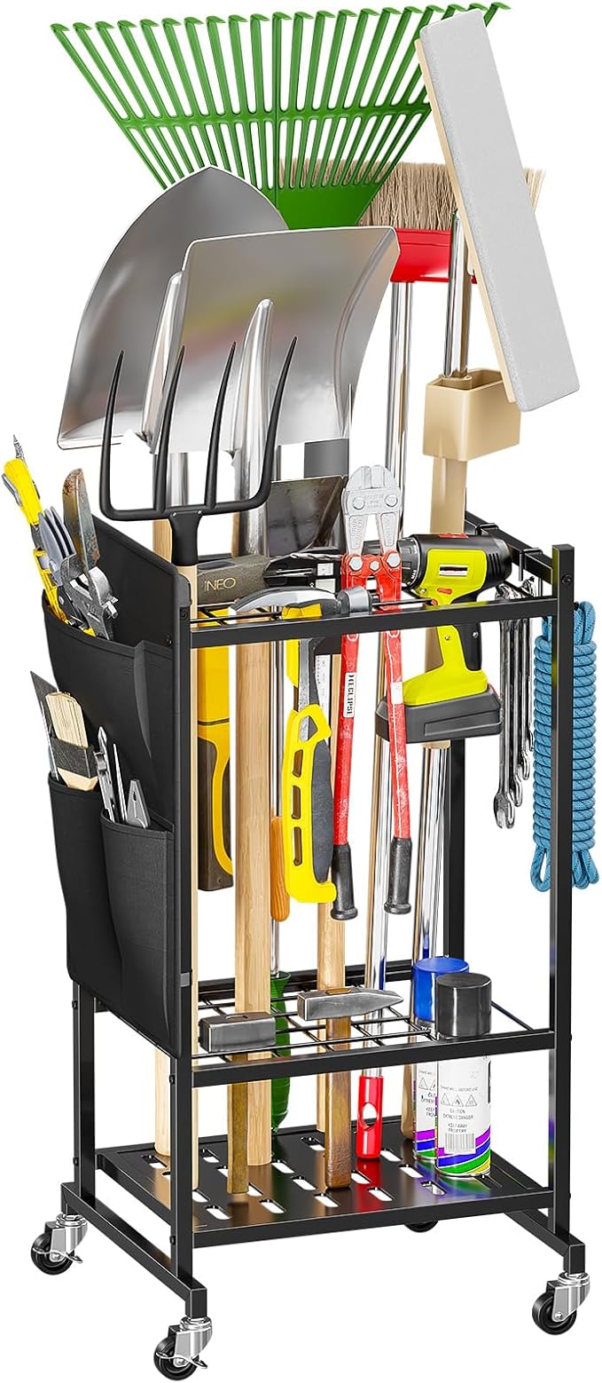 Garden Tool Organizer, Heavy Duty Yard Tool Holder Rack with Hooks and Pockets, Rolling Metal Garage Tool Storage Cart for Outdoor, Black
