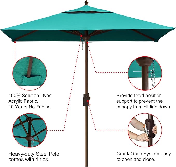 EliteShade USA 10-Year-Non-Fading 6x6Ft Square Market Umbrella Patio Outdoor Table Umbrella with Ventilation, Teal