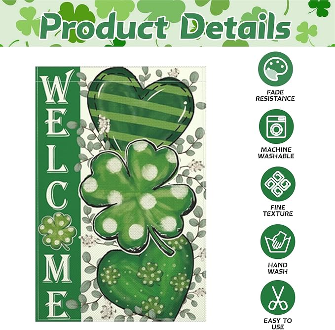 St Patricks Day Garden Flag, 12x18 Inch Double Sided Shamrock Double Hearts Corrugated dots Stripes Green Design Home Decor Farmhouse Indoor Outdoor Yard Flag Decoration