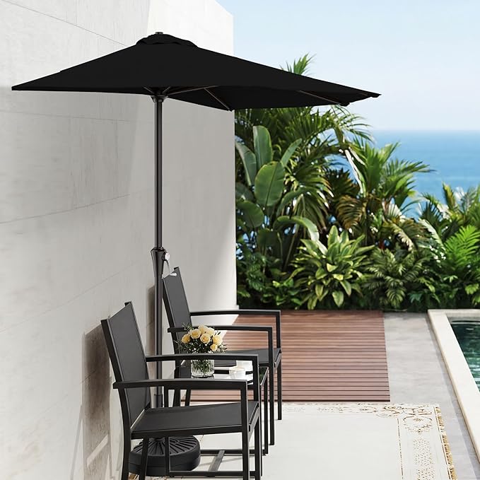AreShark 9FT Half Patio Umbrella, Outdoor Wall Umbrella with Crank & 5 Sturdy Ribs, Table 1/2 Umbrella Patio for Garden, Deck, Balcony and Pool, Black