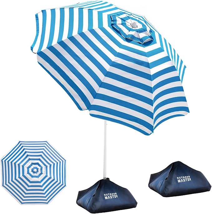 OutdoorMaster Beach Umbrellas for Sand with Sandbag & Anchor, 7.2ft Adjustable Umbrella for Beach Heavy Duty Wind, Portable UPF50+ Sunshade with Carry Bag for Patio