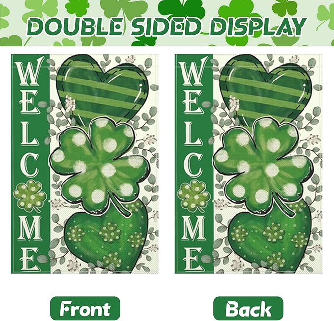 St Patricks Day Garden Flag, 12x18 Inch Double Sided Shamrock Double Hearts Corrugated dots Stripes Green Design Home Decor Farmhouse Indoor Outdoor Yard Flag Decoration