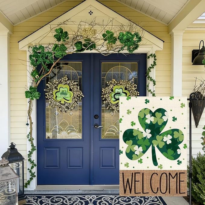 St Patricks Day Garden Flag 12x18 Inch Double Sided Outside Welcome Shamrocks Outdoor Yard Flag Green Lucky Clovers Holiday Decoration