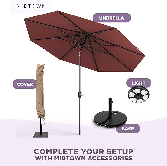 Midtown Umbrellas - 10-Year-No-Fade 6 Ft Patio Umbrella with Terylast Fabric, Auto-Tilt Aluminum Frame and 8 Reinforced Ribs for Deck, Pool, Garden & Beach - Burgundy Canopy, Black Pole