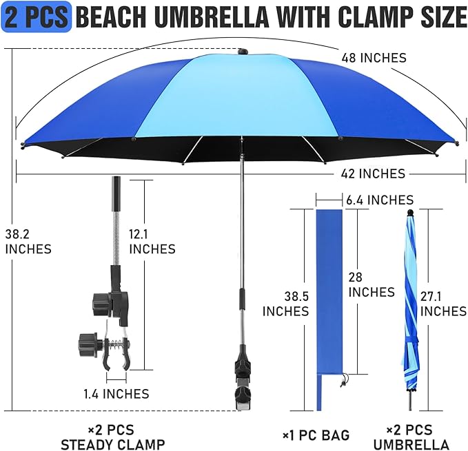 2 Pack Beach Umbrella with 360 Universal Clamp, UPF50+ Umbrella Outdoor Patio Sun Protection for Chairs, Beach &Patio Use (Not Include Chair)