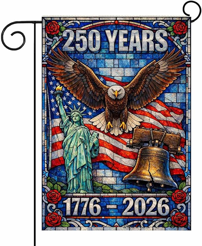 250 Years Anniversary Garden Flag for Outside, Stained Glass 250th Anniversary USA Flag Double-Sided with Eagle Design, 1776-2026 Patriotic 4th of July Decorations, 12 x 18 Inch