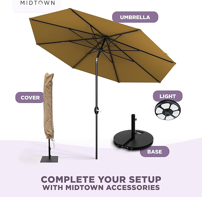 Midtown Umbrellas - 10-Year-No-Fade 9 Ft Patio Umbrella with Terylast Fabric, Auto-Tilt Aluminum Frame and 8 Reinforced Ribs for Deck, Pool, Garden & Beach - Sand Tan Canopy, Black Pole