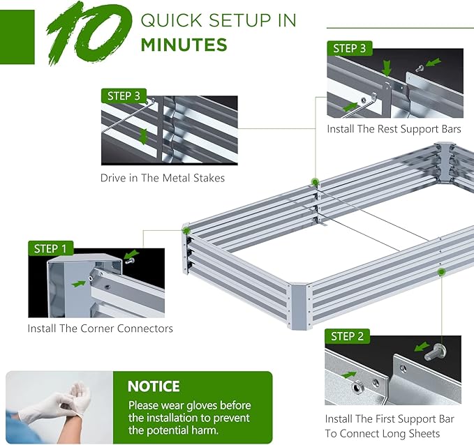 8×4×1FT Galvanized Raised Garden Bed Kit, PETNOZ Easy Quick Setup Raised Garden Boxes Outdoor With Metal Stake To Fix, Optional Size Rustproof Planter Box With No Bottom For Vegetables, Flowers, Herbs