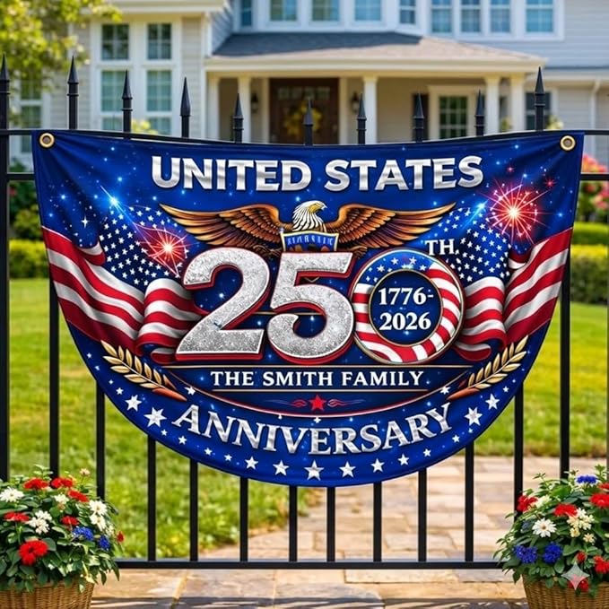Personalized 250th Anniversary Bunting Flag, Custom USA 250 Years Flag, America 1776 2026 Banner, USA 250th 4th of July Patriotic Gift for Family, Porch, Fence, Garden, Outdoor Decor