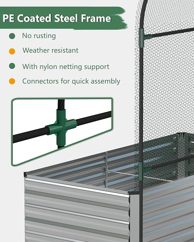 Raised Garden Bed with Arch Trellis for Climbing Plants,Galvanized Raised Garden Bed, Planter Boxes Outdoor for Vegetables Flowers Herb,269 Gallon Capacity Silver