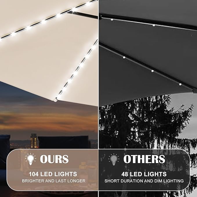 Sundale Outdoor Solar 104 LED 11 ft Patio Umbrella with Sand Bag Umbrella Base, Outdoor Umbrella with Tilt and Crank, Beige