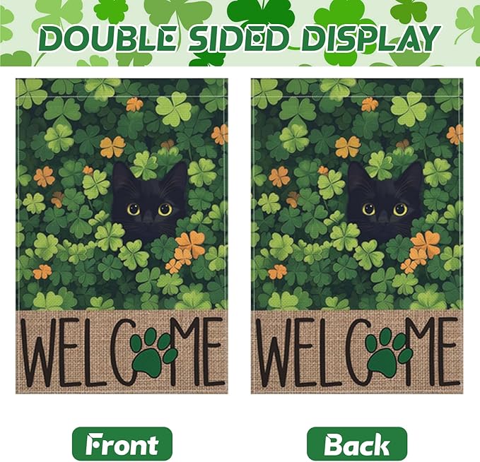 St Patricks Day Garden Flag, 12x18 Inch Double Sided Shamrock Black Cat Welcome Paw Print Design Home Decor Farmhouse Indoor Outdoor Yard Flag Decoration