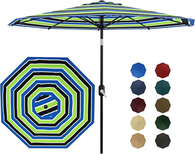 GarveeLife 9FT Patio Umbrella Outdoor, Table Umbrella with Push Button Tilt and Crank, 8 Sturdy Ribs UV Protection Waterproof for Garden, Pool, Market, Deck (Tricolor Stripe)