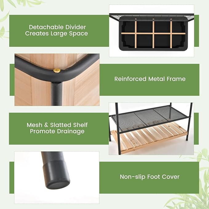Giantex Raised Garden Bed with Trellis, Elevated Wood Metal Planter Box with 2-Tier Storage Shelves, Grid Divider, Drain Hole & Black Liner, Freestanding Garden Planter for Herb Vegetable Fruit Flower
