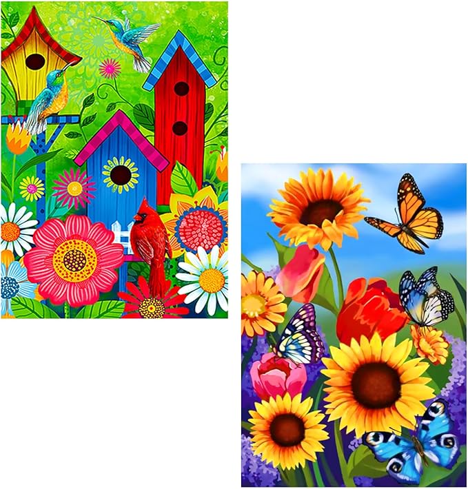2 pieces pring garden Flag 12x18 Double Sided Vertical, Small monarch Butterfly Floral Flower Welcome Garden Yard House Flags Outside Outdoor House sunflower Spring Summer Décor