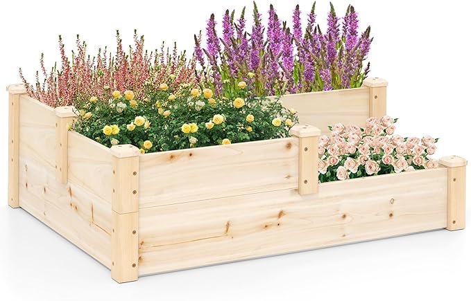 HAPPYGRILL 3-Tier Raised Garden Bed, Wood Elevated Planter Box w/Open-Ended Base, 3 Planting Depths& 2 Arrangement Options for Yard Lawn, Outdoor Planter Raised Beds for Vegetables Herbs Fruits