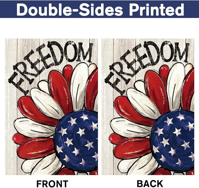 4th of July Patriotic Garden Flag Daisy Double Sided, Freedom Memorial Day Burlap Vertical Garden Flag Independence Day for Small Yard Seasonal Holiday Outdoor Decor 12 x 18 inch