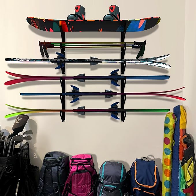 UNITEDPOWER Ski Storage Rack, Wall Mounted Snowboard Organizer Shelf, Wall Display Hanger Holds Up 3 Pairs of Skis and Poles, Garage, Home, Shed