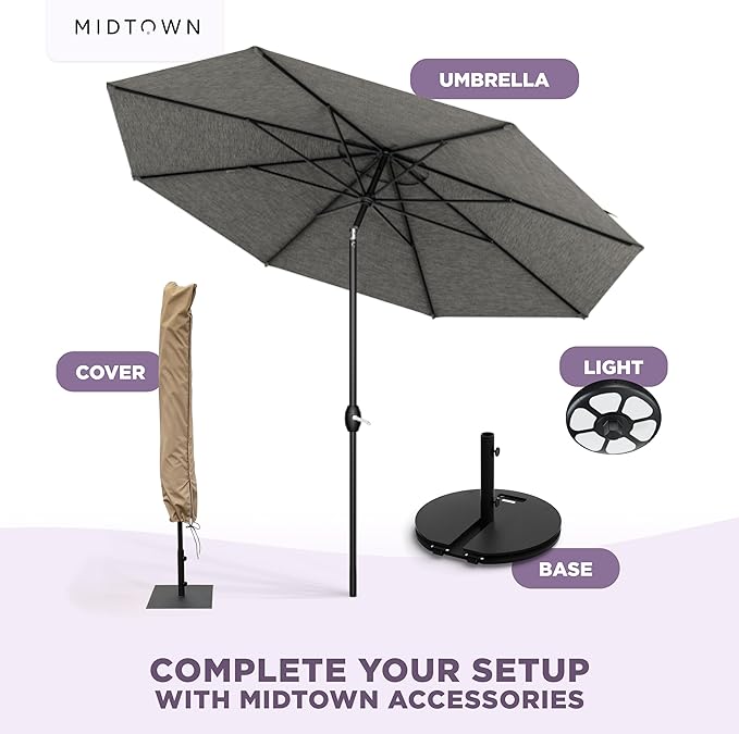 Midtown Umbrellas - 10-Year-No-Fade 6 Ft Patio Umbrella with Terylast Fabric, Auto-Tilt Aluminum Frame and 8 Reinforced Ribs for Deck, Pool, Garden & Beach - Greige Canopy, Black Pole