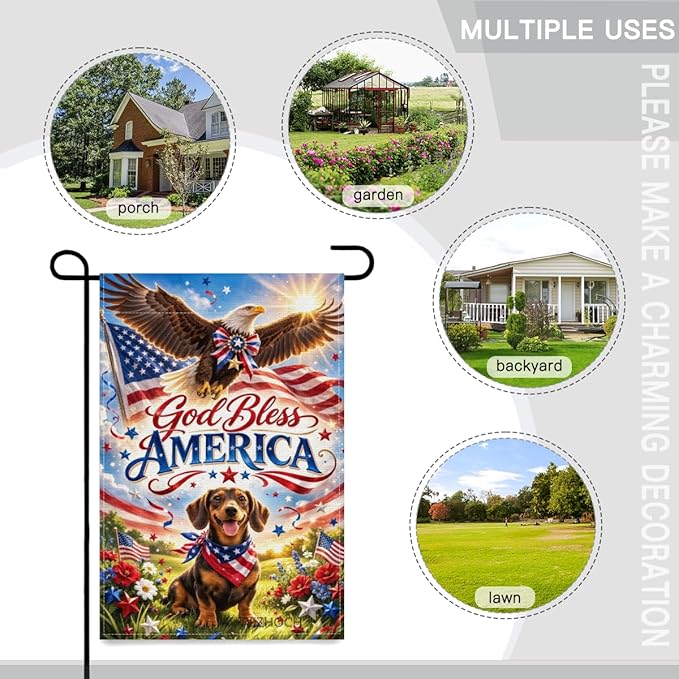 Patriotic Dachshund Garden Flag 12x18 Inch,American Independence Day Outdoor Yard USA Flag Funny Animal,Red White Blue 4th of July Lawn Porch Double Sided Outside Decor