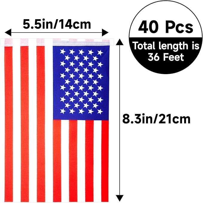 G2PLUS 40Pcs American Flags Banner-36Feet USA Patriotic String Pennant for 4th of July, Red White Blue American String Flags Banner for Independence Day Outdoor Indoor Decor, Sports, Bars, Classroom