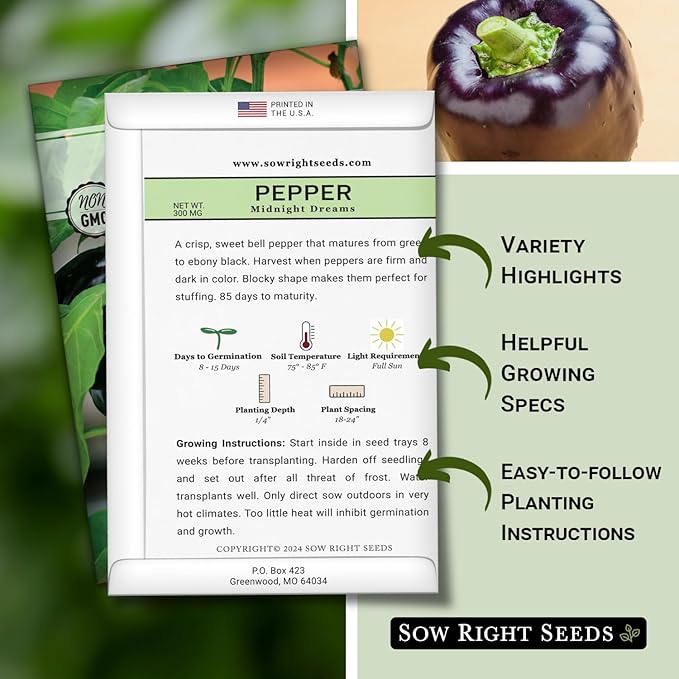 Sow Right Seeds - Midnight Dreams Pepper Seeds for Planting - Non-GMO Heirloom Bell Pepper Variety - Ideal for Indoor/Outdoor Gardens - Unique Peppers - Mature from Green to Black - High Yield (1)