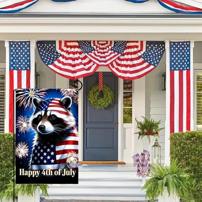 Happy 4th of July Raccoon Garden Flag 12x18 Double Sided, Small Burlap Holiday Independence Day Memorial Day Patriotic Yard Flags for Outside Fourth of July Decoration Outdoor Garden Décor