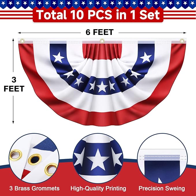 10 Pack 3x6 Feet USA Pleated Bunting Fan Flags,Patriotic Half Fan Banner American Flag Decoration Bunting for Outside Red White and Blue Decor Independence Day Memorial Day 4th of july Decorations