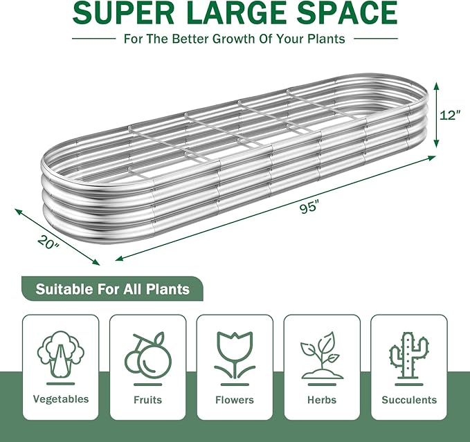 2pcs 8x2x1FT Raised Garden Beds Outdoor Kit, Galvanized Oval Planter Box, Metal Bottomless Elevated Garden Boxes Set for Planting Vegetables, Fruits, Flowers, Silver