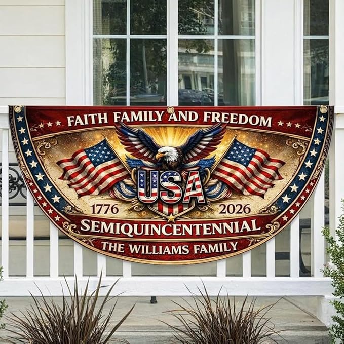 Personalized USA 250 Years of Freedom Fence Flag 1776–2026, Custom Patriotic Eagle Semicircle Banner Gift for Family, America 4th of July Outdoor Yard Decor, 250 Years Anniversary Banner