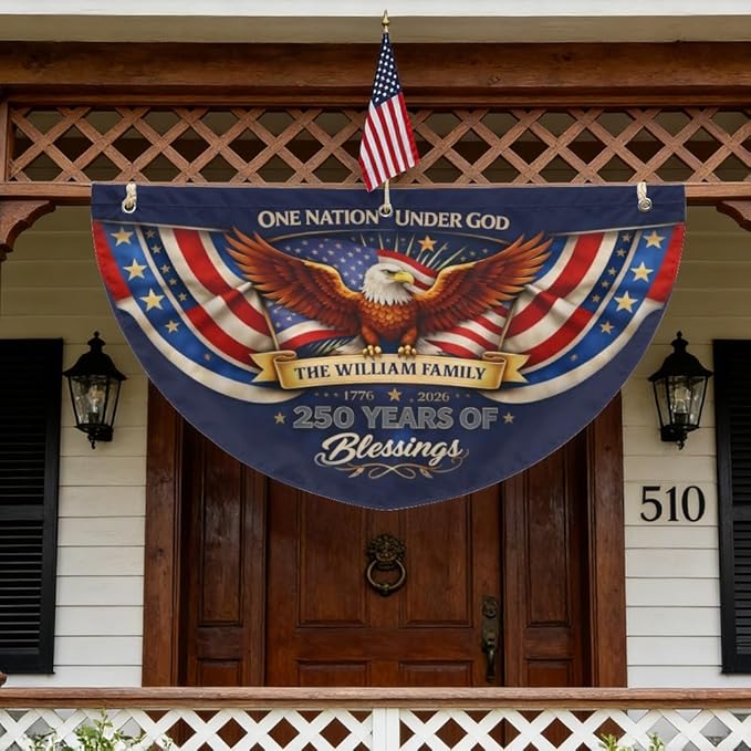 Personalized Patriotic Bunting Flag with Custom Family Name – 250 Years of Blessings USA Patriotic Bunting Banner 1776–2026 – 4th of July Americana Porch Decor, Outdoor American Flag Bunting