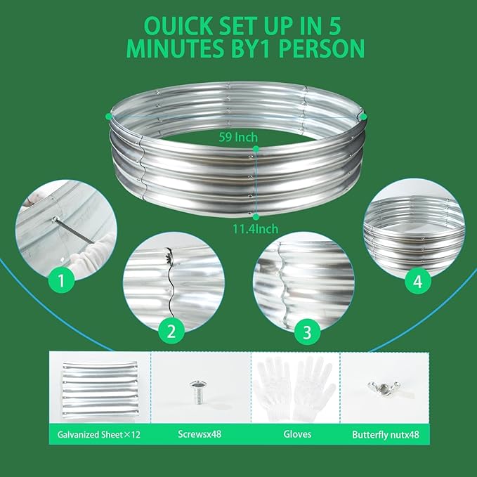 Durable Round Galvanized Steel Raised Garden Bed for Planting,Round Galvanized Steel Fire Ring/Fir Pit for Outdoor- 5×5×1FT,0.8MM Thick (Silver, 60 ins Diameter x 12 ins high)
