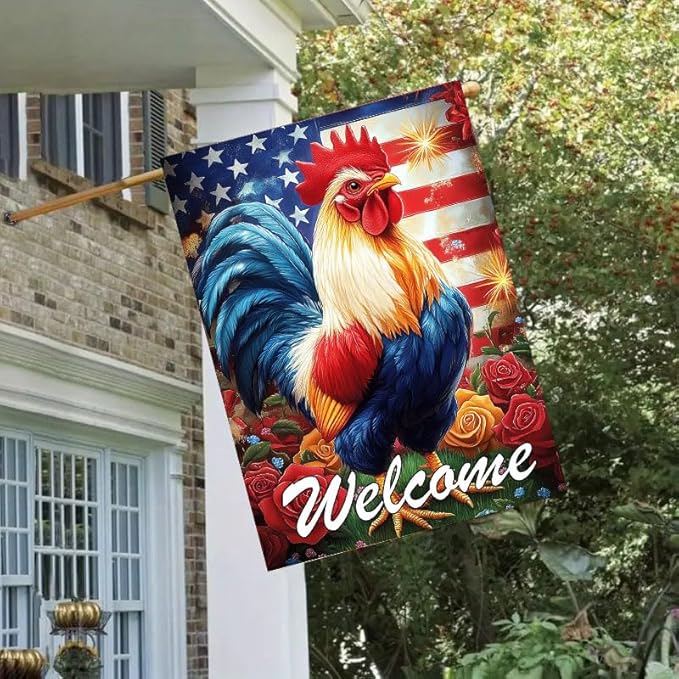 Large 4th of July Garden Flags 28 x 40 Double Sided, Burlap Holiday Rooster Welcome Independence Day Patriotic House Flags for Outside, Seasonal Fourth of July Outdoor Yard Decorations